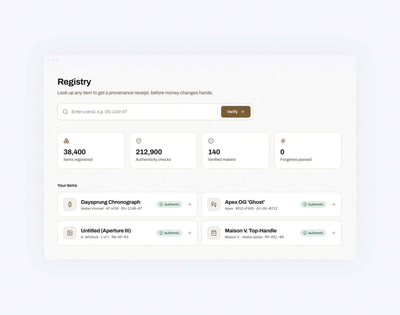 Provenance registry: 212,900 authenticity checks, zero forgeries passed