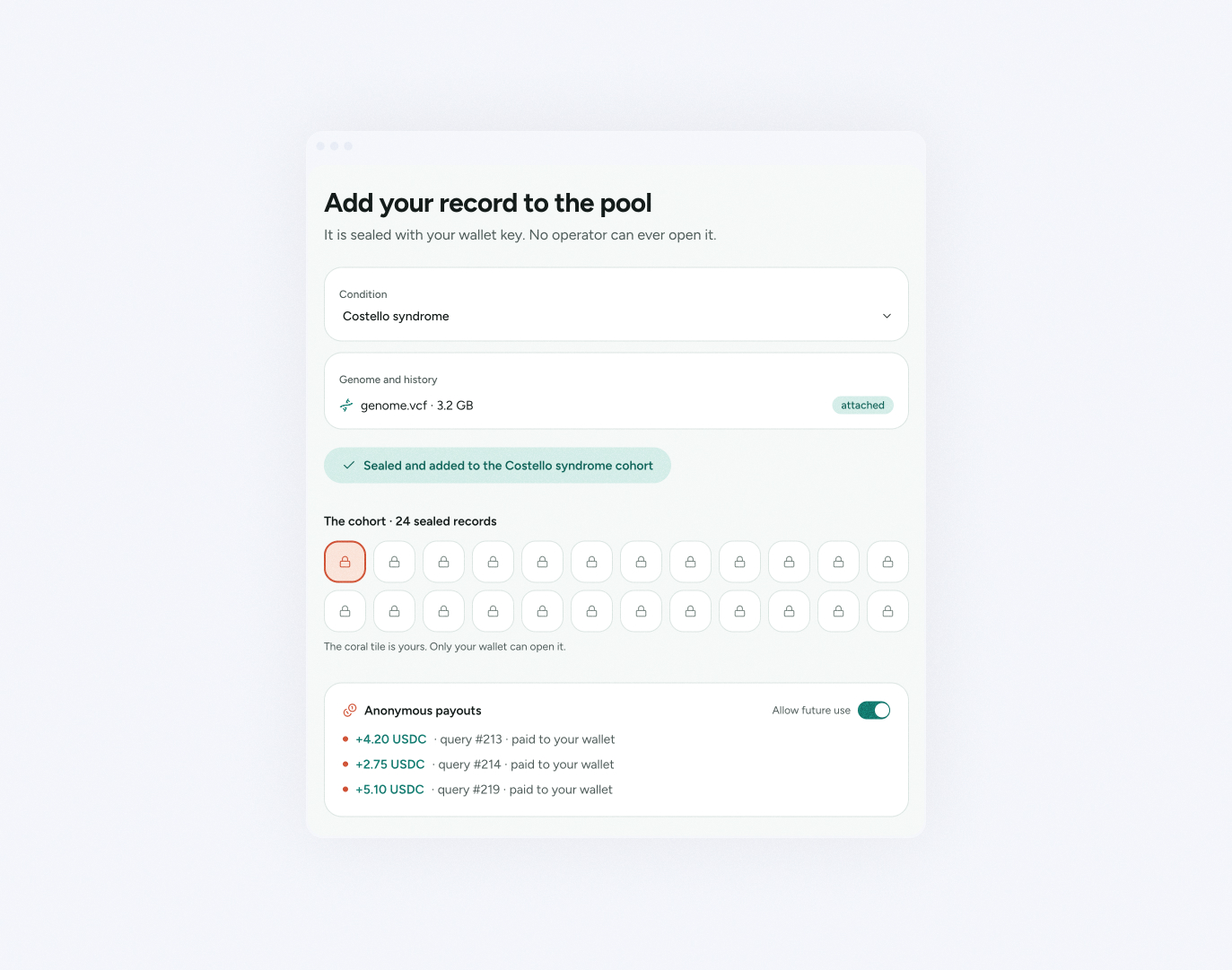 A sealed record earning anonymous payouts to its owner